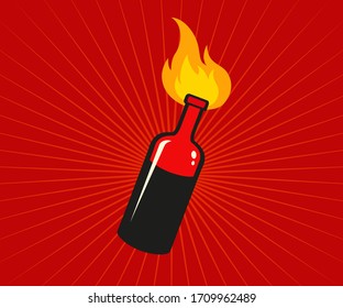 Vektorsymbol von Coctail Molotov auf rotem Hintergrund. Vektorgrafik der Flasche im Feuer. Protest.