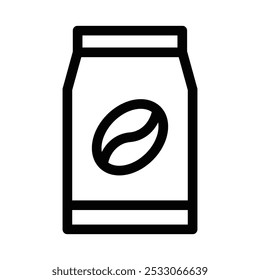 Ícone vetorial de um saco de café com um feijão, adequado para projetos relacionados a café, embalagens ou bebidas. Traçado editável.