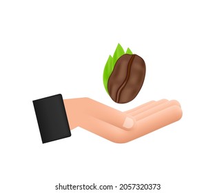 Vector icon coffee bean over hands for cafe label, packing and emblem.