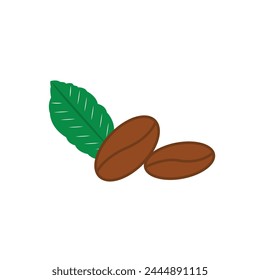 Vector icon of coffee beans and leaves isolated white background.