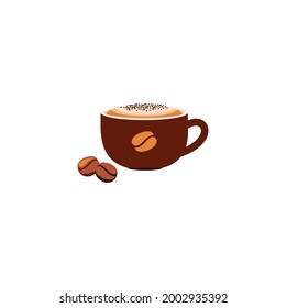 Vector icon of a coffee cup with coffee, milk foam and chocolate chips. Flat illustration isolated on a white background.