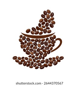 A vector icon of coffee cup and saucer creatively formed from coffee beans, with more beans spilling out of the cup. 