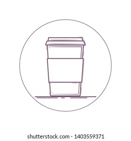 Vector icon of coffee cup. Take away, to go. Line icon in circle. Isolated on white background.