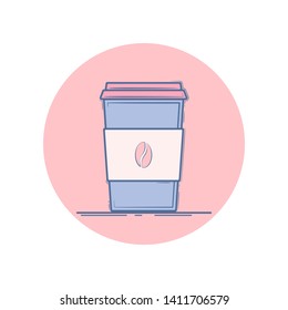 Vector icon of coffee in a cup for take away. Isolated in circle. Flat design. Blue and pink colors.