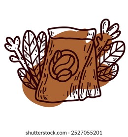 Vector icon with coffee drip packet featuring coffee beans in outline style on white background. Decorated with flowers, leaves perfect for coffee shop menu.
