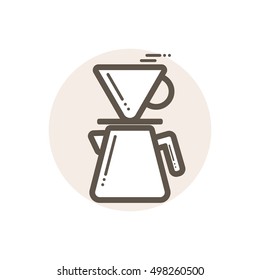 Vector icon of coffee driper. Icon is in simple lineart style without coloring. Symbol on brown circular background.
