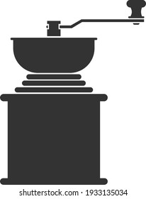 Vector icon of a coffee grinder for grinding coffee beans. Black illustration isolated on a white background for graphic and web design.