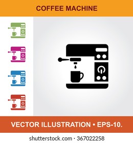 Vector Icon Of Coffee Machine With Title & Small Multicolored Icons. Eps-10.