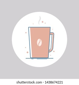 Vector icon of coffee in a mug with coffee bean. Isolated in circle. Flat design.