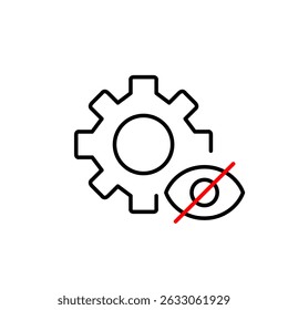 Vector icon of cogwheel with crossed-out eye, symbolizing hidden settings, disabled options, or private configuration. Ideal for software interfaces, system apps, and privacy-focused platforms