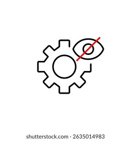 Vector icon of cogwheel with crossed-out eye, representing restricted access, concealed controls, or disabled features. Ideal for admin panels, security apps, and privacy settings