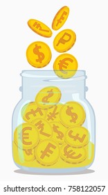 Vector icon of coins with logos of world currencies sipping into a glass, transparent jar. Storage and accumulation of money.