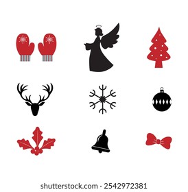 vector icon collection of christmas elements, new year, christmas tree elements, gifts,snowflakes,snowballs in red color for greeting cards,decoration Christmas holidays,set christmas icons