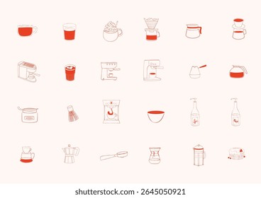 Vector icon collection of coffee machines, brewing tools, cups, and syrup bottles. Includes espresso makers, moka pot, portafilter, French press, matcha tools, and filter coffee gear. 