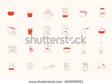 Vector icon collection of coffee machines, brewing tools, cups, and syrup bottles. Includes espresso makers, moka pot, portafilter, French press, matcha tools, and filter coffee gear. 