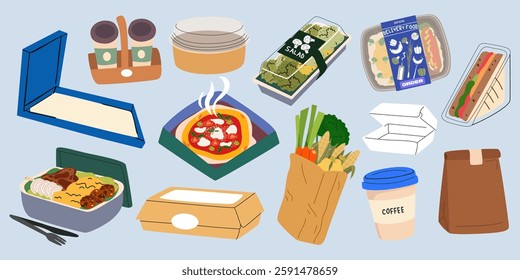 Vector icon collection of delivery food, takeaway lunch, payment methods, delivery service, paper box, packaging. Take out food to home. Fast food delivery cartoon retro stickers 