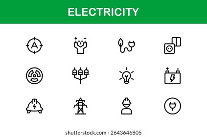 Coleção de Ícones Vetoriais para Eletricidade Incluindo Raios, Fontes de Energia, Energia, Circuito e Equipamentos Elétricos