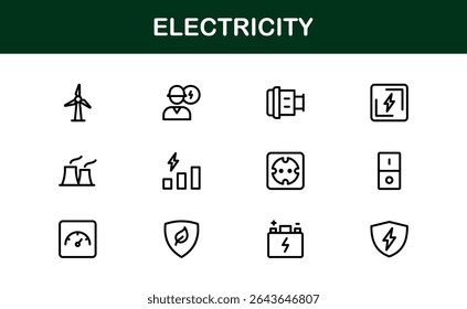 Coleção de Ícones Vetoriais para Eletricidade Incluindo Raios, Fontes de Energia, Energia, Circuito e Equipamentos Elétricos