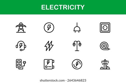 Coleção de Ícones Vetoriais para Eletricidade Incluindo Raios, Fontes de Energia, Energia, Circuito e Equipamentos Elétricos