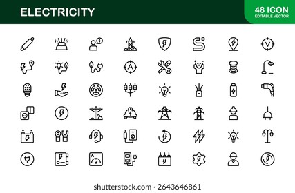 Vector Icon Collection for Electricity Including Lightning Bolts, Power Sources, Energy, Circuit, and Electrical Equipment