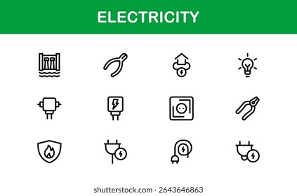 Colección del icono del Vector para la electricidad incluyendo los pernos del relámpago, las fuentes de poder, la energía, el circuito, y el equipo eléctrico