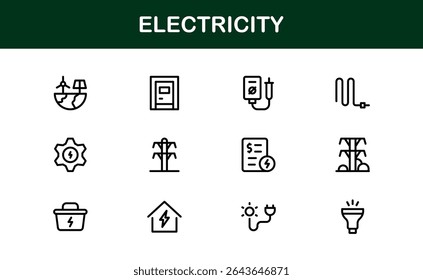 Vector Icon Collection for Electricity Including Lightning Bolts, Power Sources, Energy, Circuit, and Electrical Equipment