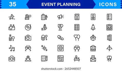 Colección de íconos de Vector para la planificación de eventos que incluye invitaciones, decoraciones, cronogramas y herramientas de coordinación en estilo minimalista y moderno
