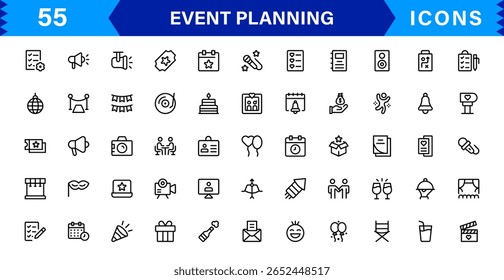 Vector Icon Collection for Event Planning Including Invitations, Decorations, Timelines, and Coordination Tools in Minimal and Modern Style