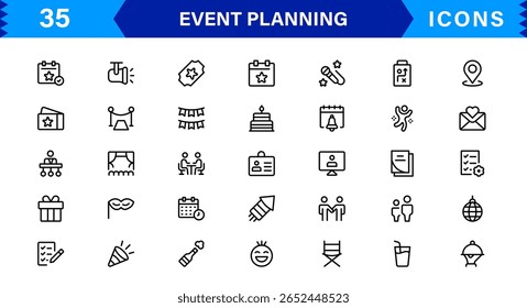 Vektorsymbol-Kollektion für die Eventplanung, einschließlich Einladungen, Dekorationen, Zeitachsen und Koordinationstools im minimalen und modernen Stil