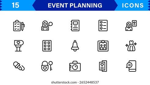 Vektorsymbol-Kollektion für die Eventplanung, einschließlich Einladungen, Dekorationen, Zeitachsen und Koordinationstools im minimalen und modernen Stil
