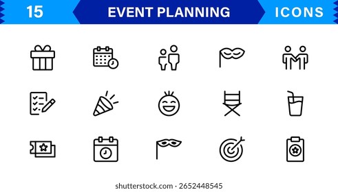 Vektorsymbol-Kollektion für die Eventplanung, einschließlich Einladungen, Dekorationen, Zeitachsen und Koordinationstools im minimalen und modernen Stil