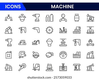 Vector icon collection of factory designs, including machinery, automation, production, and industry elements in a clean style