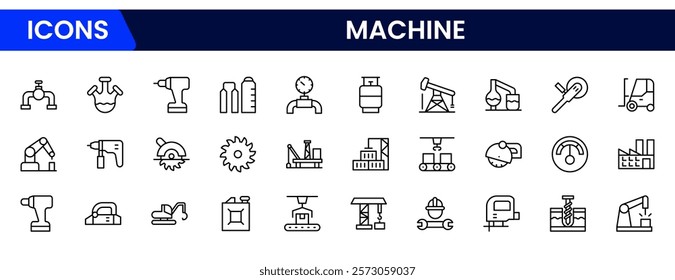 Vector icon collection of factory designs, including machinery, automation, production, and industry elements in a clean style