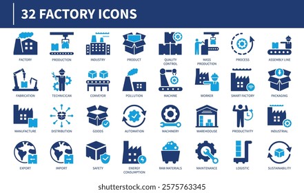 Vector icon collection of factory designs, including machinery, automation, production, and industry elements in a clean style