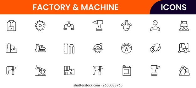 Icono de Vector colección de diseños de fábricas, incluyendo maquinaria, automatización, producción y Elementos de la industria en un estilo limpio