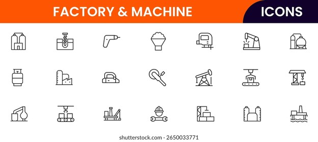 Vector icon collection of factory designs, including machinery, automation, production, and industry elements in a clean style