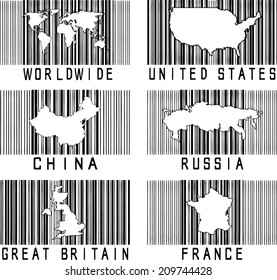 Vector icon collection of the group of UN security council permanent member country map outline against digital barcode.