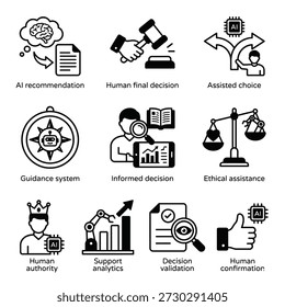 Vector icon collection illustrating artificial intelligence recommendations, human decision-making, assisted choices, ethical guidance, and analytical support processes.