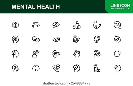 Vector Icon Collection for Mental Health Including Counseling, Mind Care, Emotional Support, and Wellness