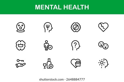 Vector Icon Collection for Mental Health Including Counseling, Mind Care, Emotional Support, and Wellness