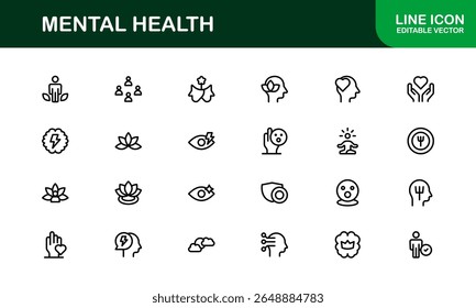 Vector Icon Collection for Mental Health Including Counseling, Mind Care, Emotional Support, and Wellness