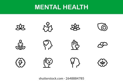 Vector Icon Collection for Mental Health Including Counseling, Mind Care, Emotional Support, and Wellness