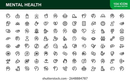Vector Icon Collection for Mental Health Including Counseling, Mind Care, Emotional Support, and Wellness