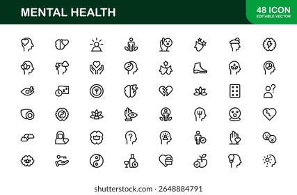 Vector Icon Collection for Mental Health Including Counseling, Mind Care, Emotional Support, and Wellness