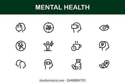 Vector Icon Collection for Mental Health Including Counseling, Mind Care, Emotional Support, and Wellness