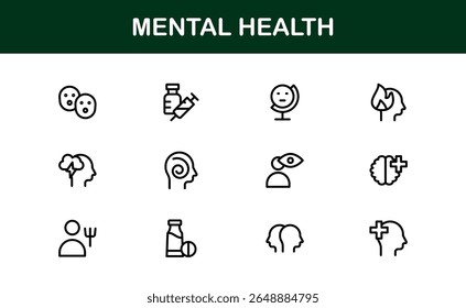 Vector Icon Collection for Mental Health Including Counseling, Mind Care, Emotional Support, and Wellness
