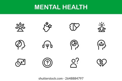 Vector Icon Collection for Mental Health Including Counseling, Mind Care, Emotional Support, and Wellness