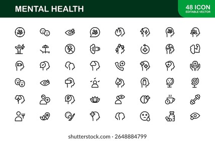 Vector Icon Collection for Mental Health Including Counseling, Mind Care, Emotional Support, and Wellness
