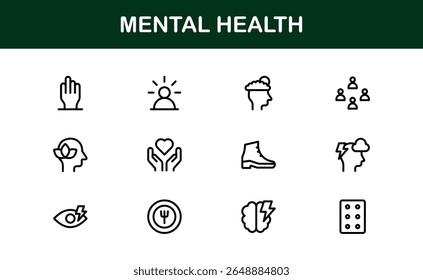 Vector Icon Collection for Mental Health Including Counseling, Mind Care, Emotional Support, and Wellness