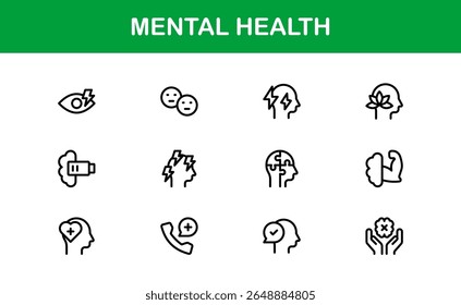 Vector Icon Collection for Mental Health Including Counseling, Mind Care, Emotional Support, and Wellness
